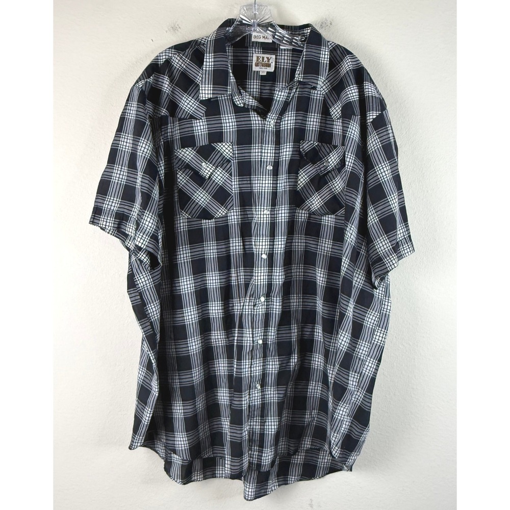 Ely Cattleman Western Shirt Mens 3X Big Man Black White Plaid Pearl Snap SS